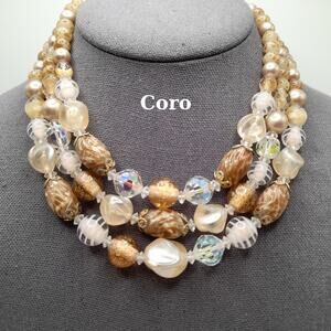 Vintage Coro 3 Strand Beaded Necklace AB Crystal 1950s 15”